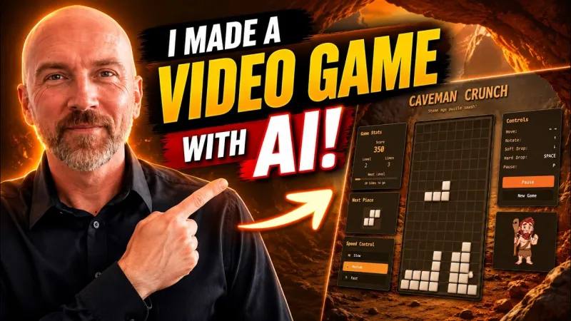 Ray pointing at a falling-block game called Caveman Crunch, captioned I made a video game with AI.
