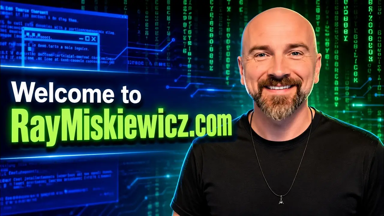 Ray Miskiewicz smiling in front of a wall of green code, titled Welcome to RayMiskiewicz.com.