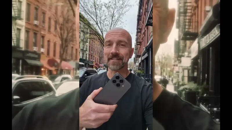 Ray holding up a phone on a brownstone-lined city street, a frame from a generated clip.