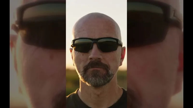 Ray in wraparound sunglasses against a low sun, a frame from an AI-generated eyewear commercial.