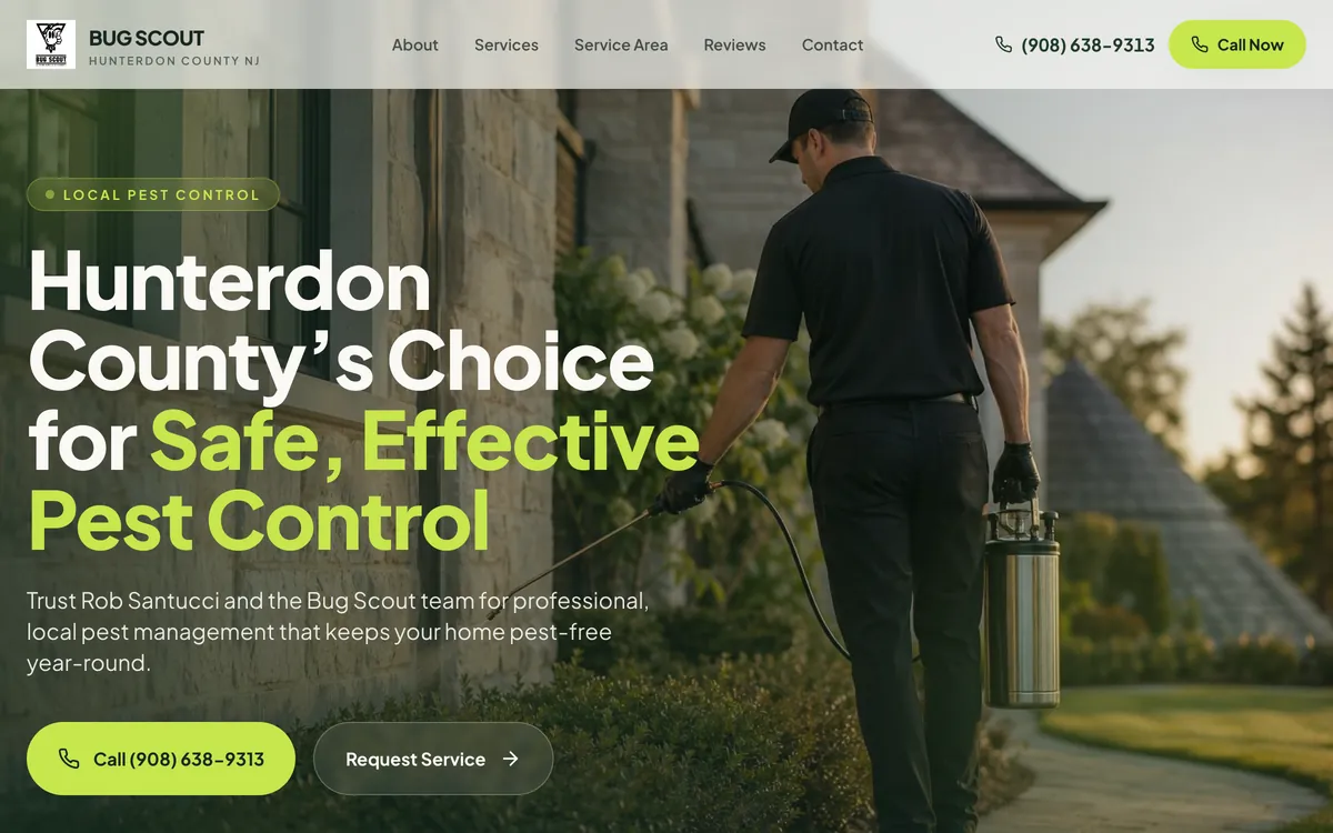 A pest control homepage reading Hunterdon County's Choice for Safe, Effective Pest Control, over a photo of a technician treating a house at golden hour.