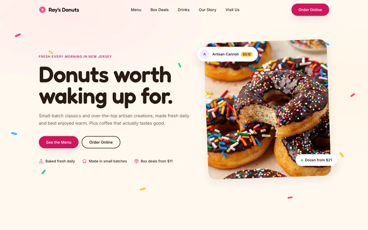 A donut shop homepage reading Donuts worth waking up for, beside a photo of sprinkled donuts.