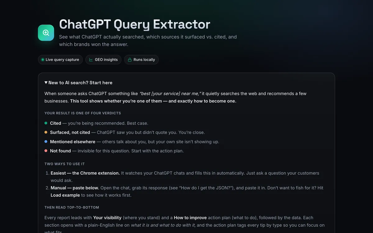 A dark analytics tool titled ChatGPT Query Extractor, with a panel explaining its four possible visibility verdicts.