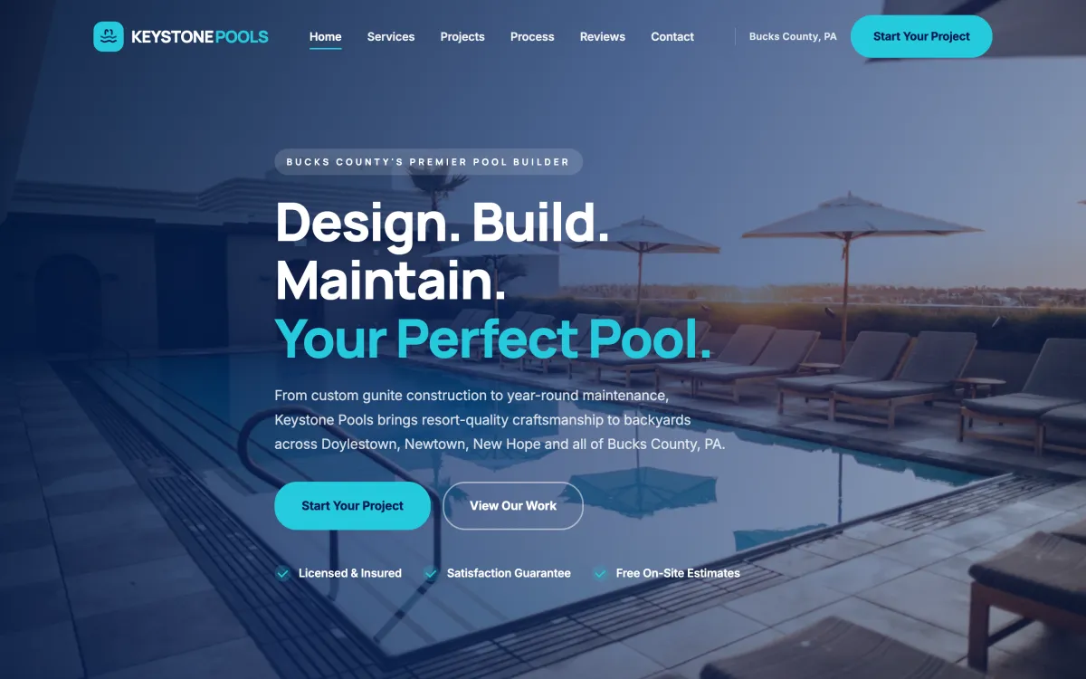 A pool company homepage with a sunset poolside photo behind the headline.