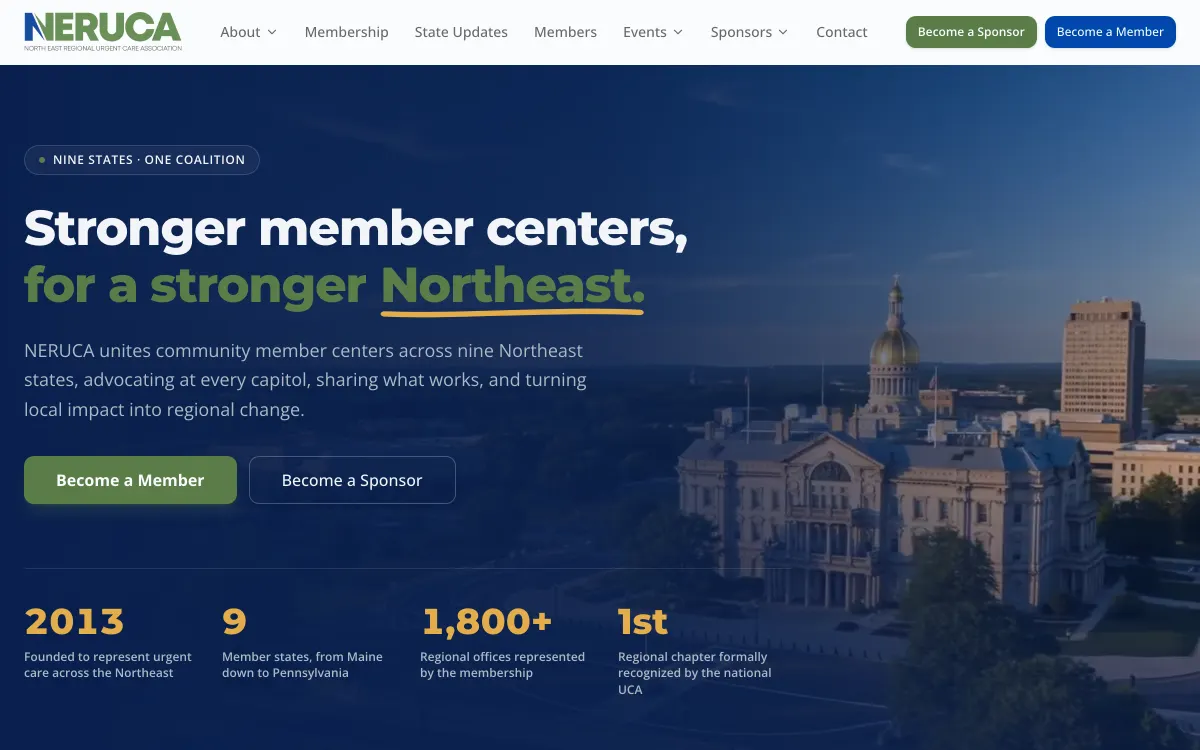The NERUCA homepage, a dark hero over an aerial photo of a state capitol, above a row of coalition statistics.