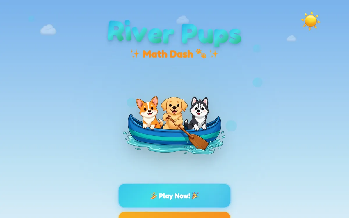 A children's maths game homepage reading River Pups Math Dash, with three cartoon puppies paddling a canoe under a bright blue sky.
