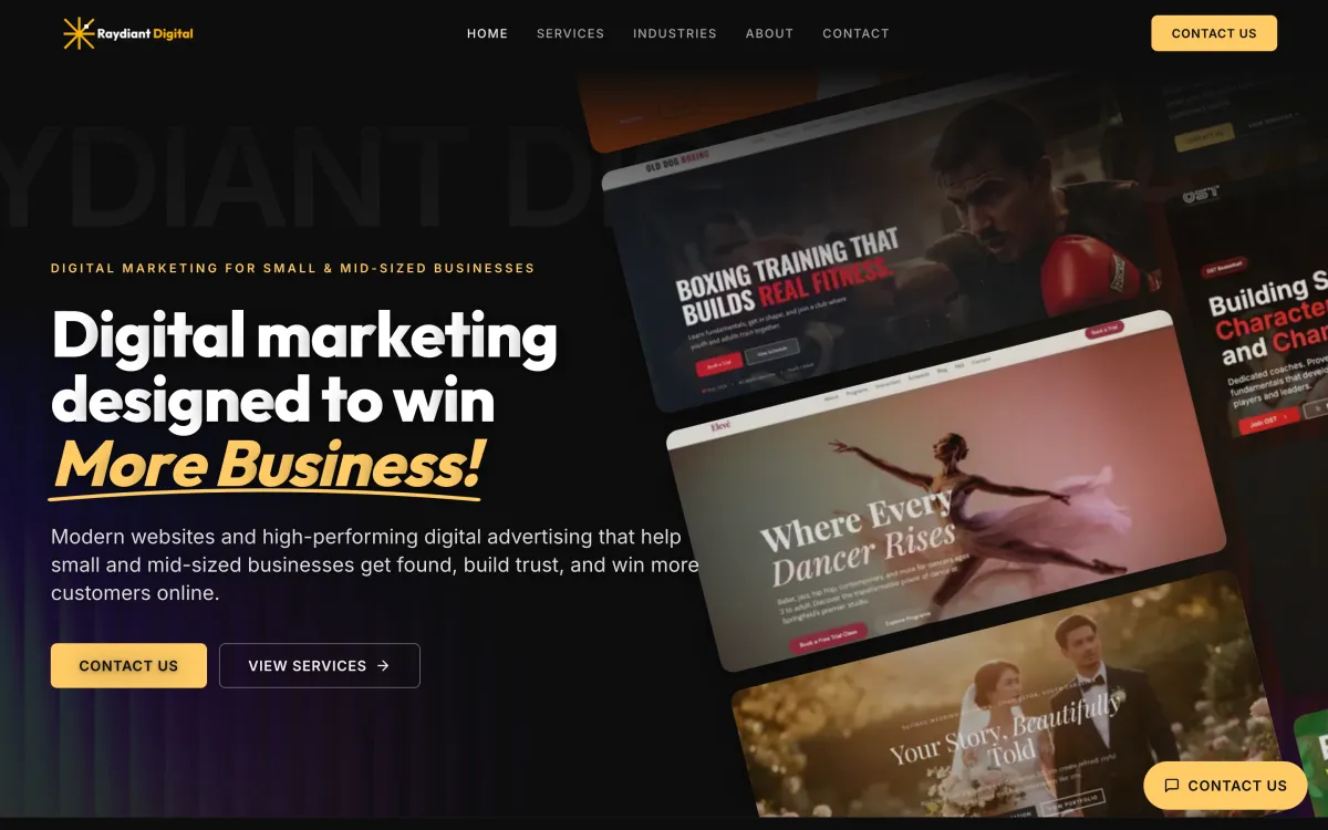 The Raydiant Digital homepage, a dark hero over a collage of client sites.