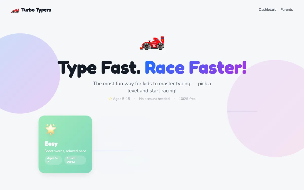 A children's typing game homepage reading Type Fast. Race Faster., with a red race car and four colour-coded difficulty cards.