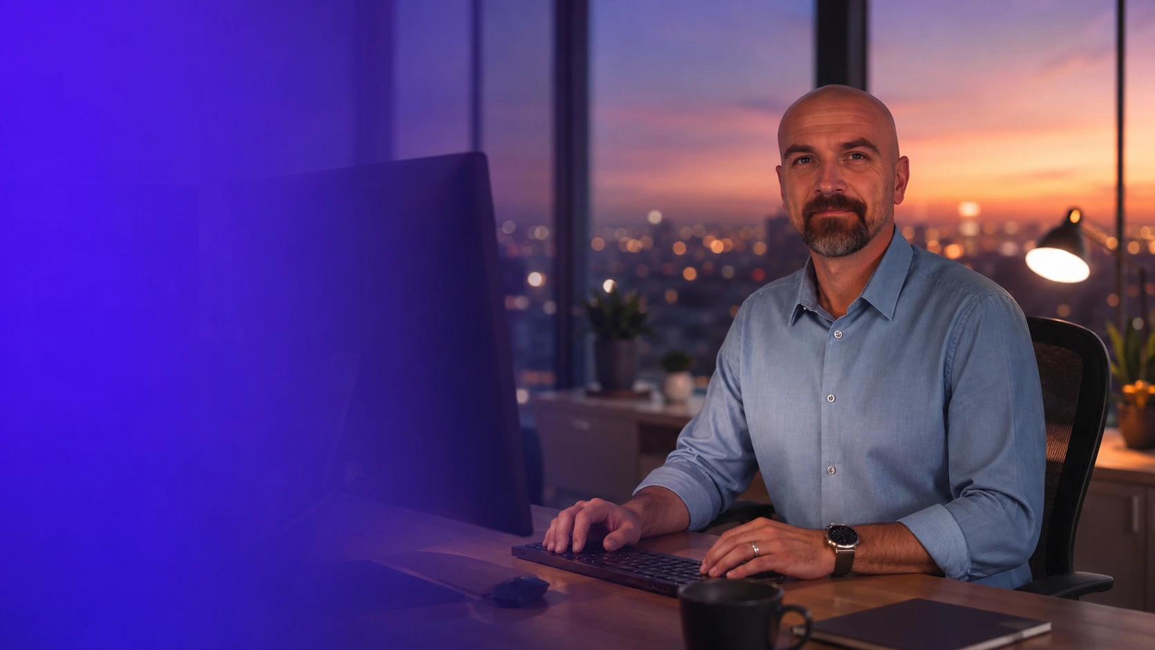 Ray Miskiewicz sitting at a desk with a city skyline at sunset